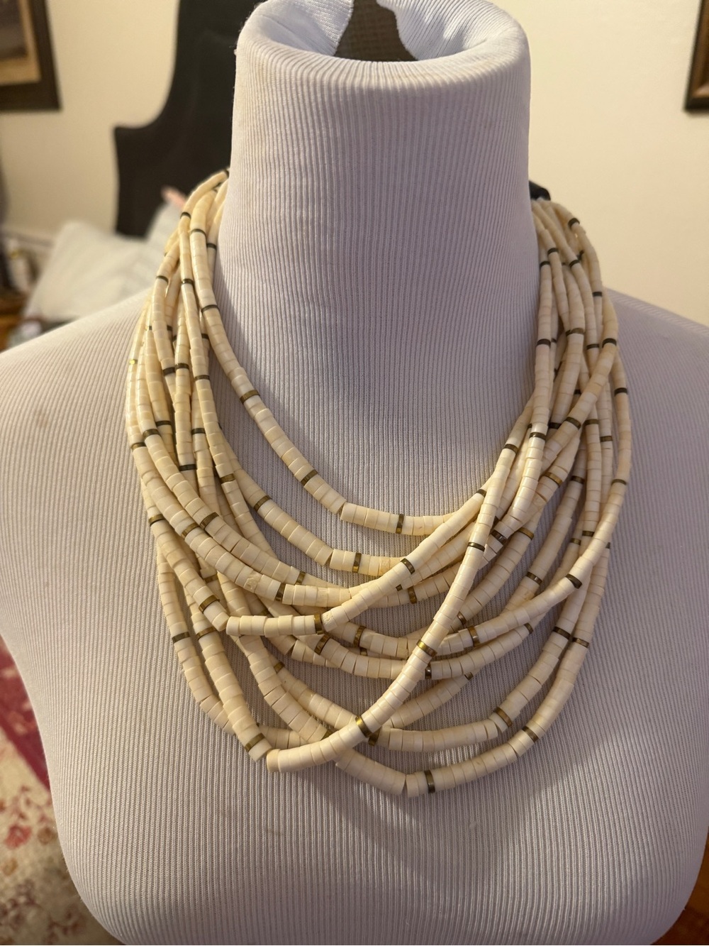 Vintage Monies Cream Multi-Strand Beaded Necklace with Brass Accents